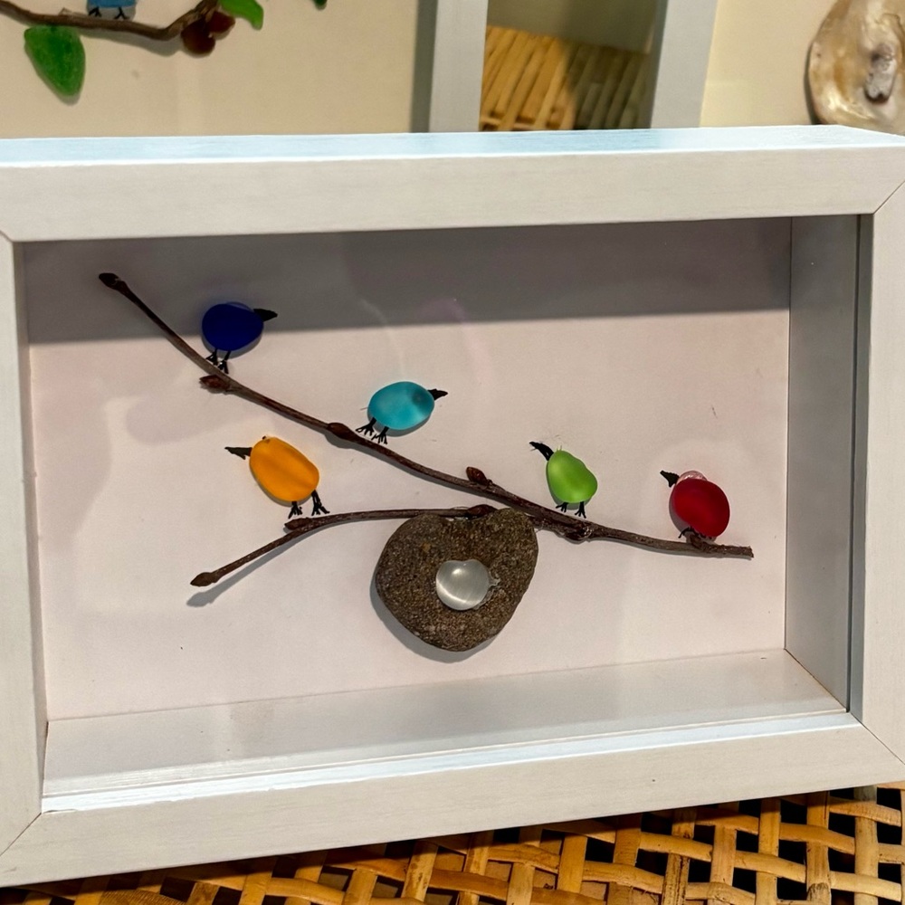 Colorful Bird Sea Glass And Beach Stone Wall Art in White Frame